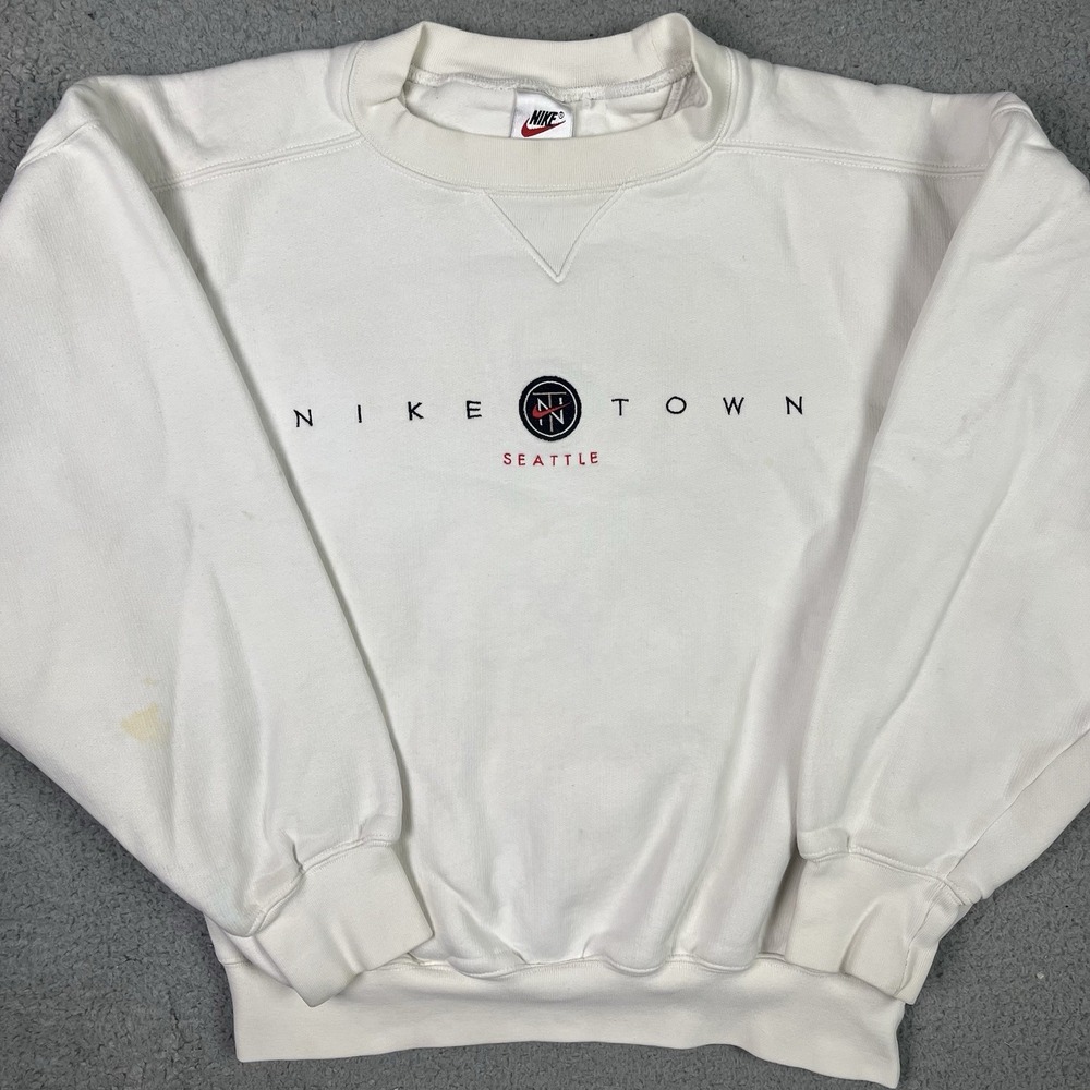 Vintage‎ 90s Nike Town Seattle Embroidered Spell Out Crewneck Sweater Small Rare